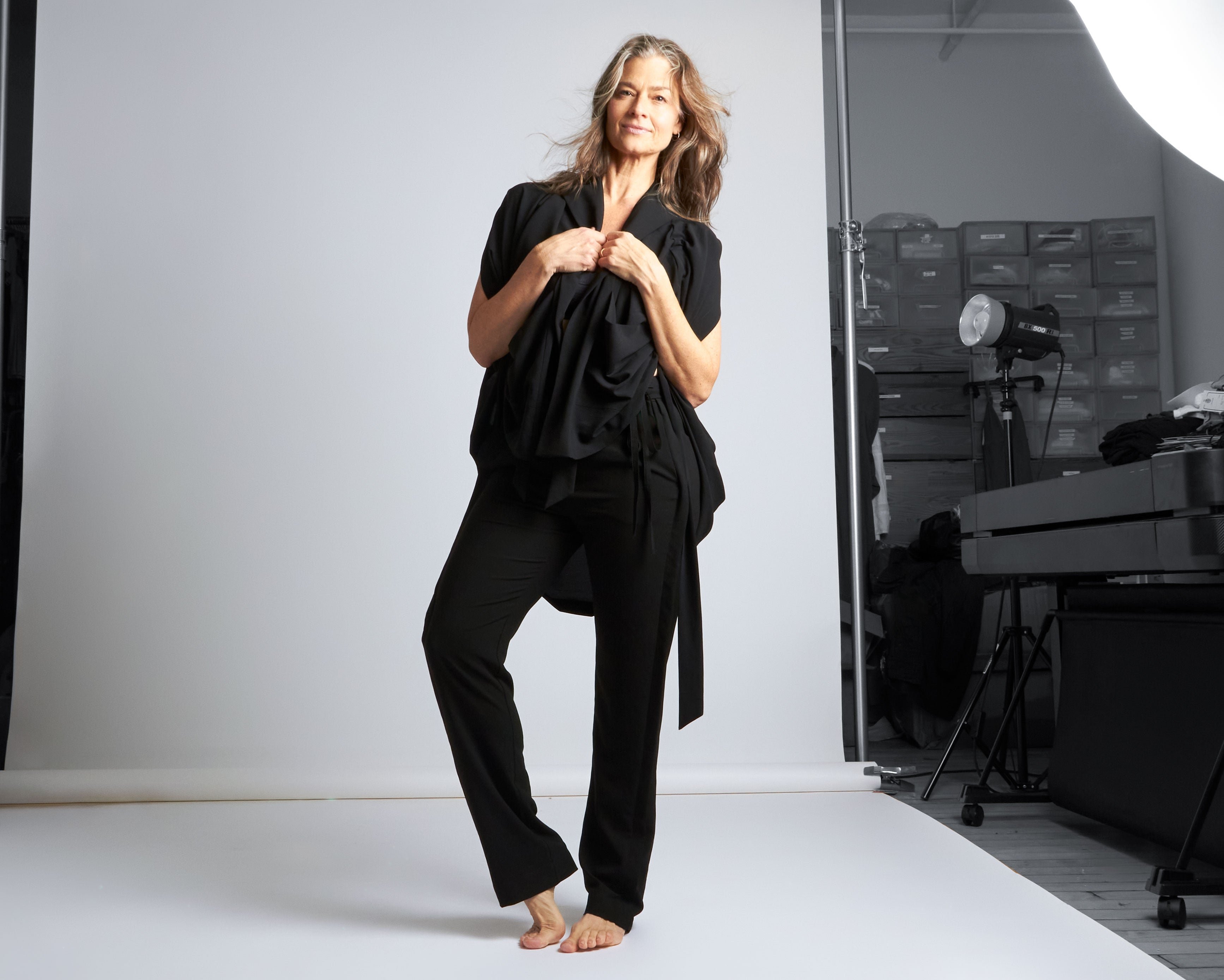 Katie wears the Malia Mills Kusama Kimono and Tux Pants in Black Georgette.