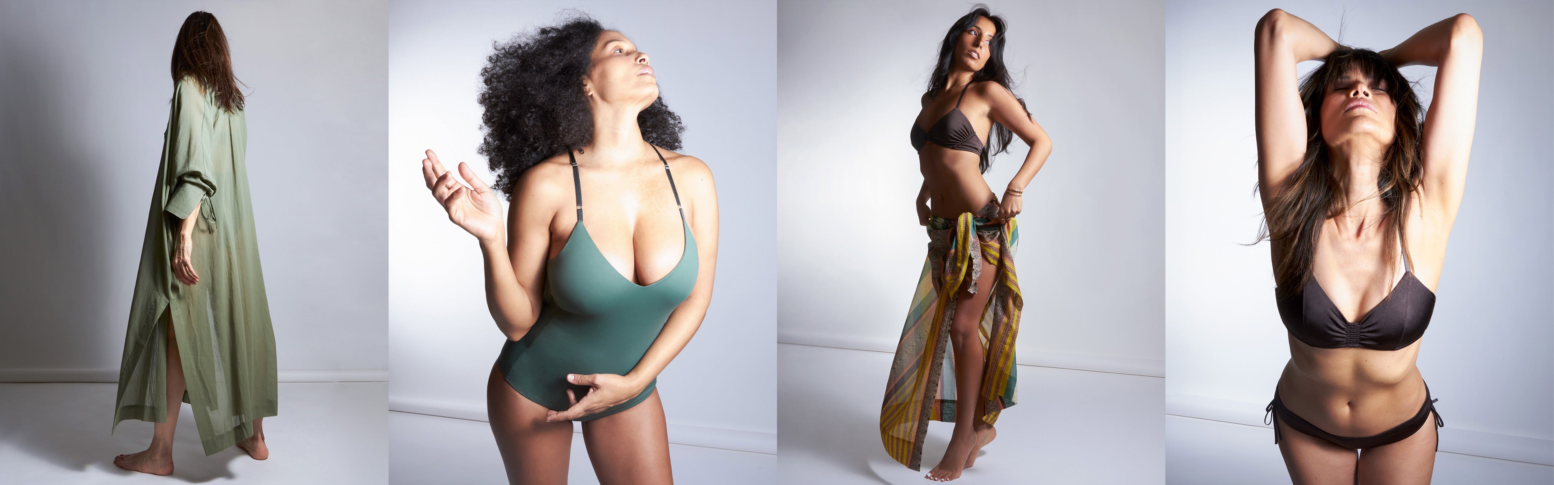 Malia Mills swimwear and ready-to-wear styles in shades of green and brown. 